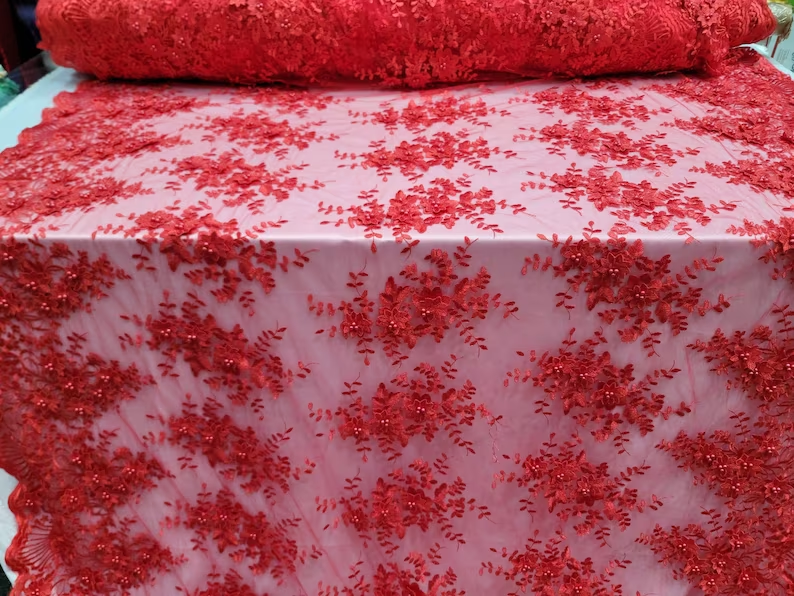 3D Flower Lace Embroidery Lace Fabric Red