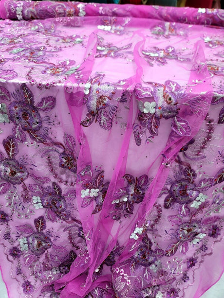3D Floral Lace Purple with Silver Embroidery