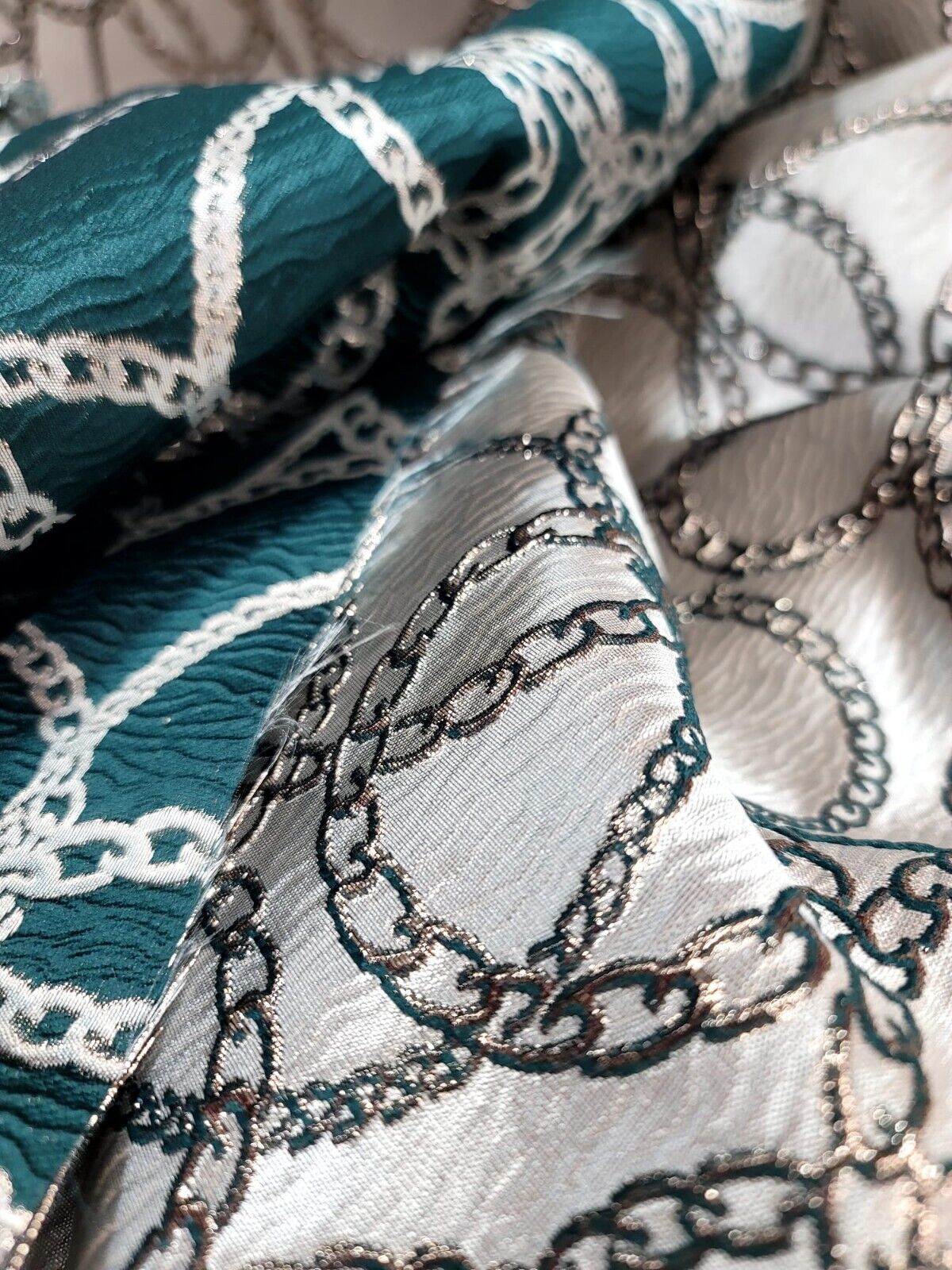 Brocade Jacquard Fabric Gold Metallic Chain Geometric Pattern