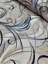 Brocade Jacquard Navy Blue Swirls Gold Metallic Beige