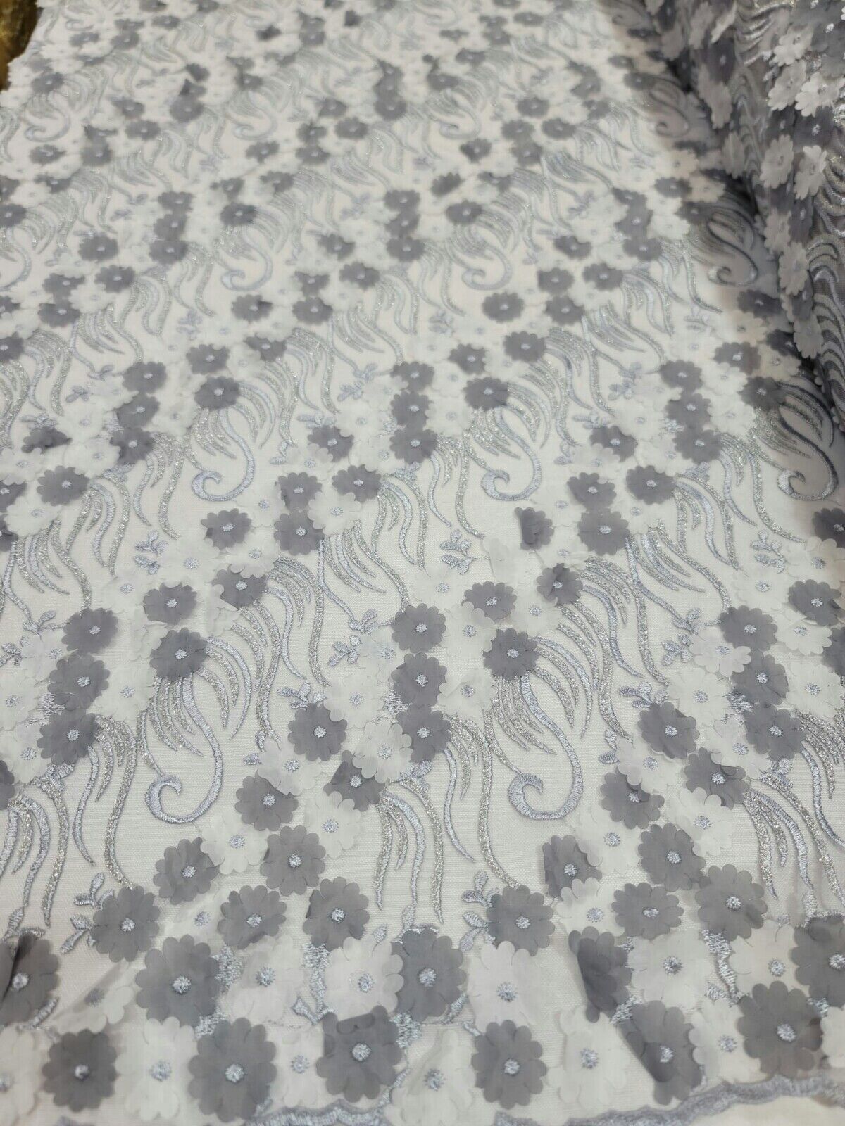 3D Floral Lace Gray Embroidery Sequin Fabric