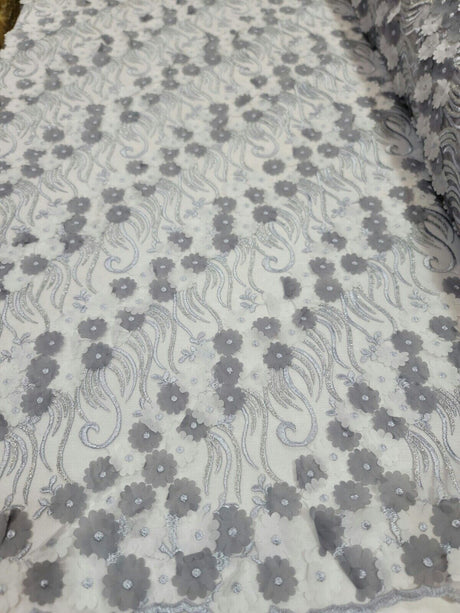 3D Floral Lace Gray Embroidery Sequin Fabric