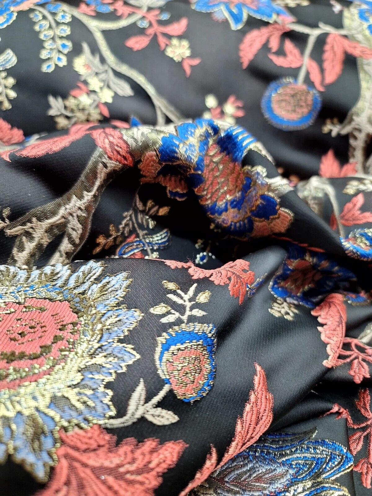 Brocade Jacquard Fabric Coral Blue Floral Damask