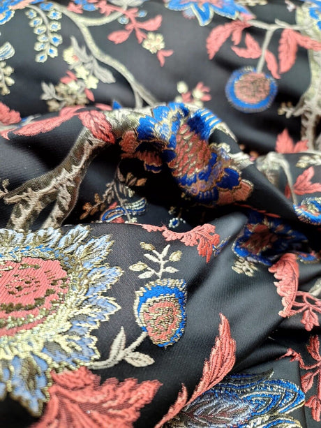 Brocade Jacquard Fabric Coral Blue Floral Damask