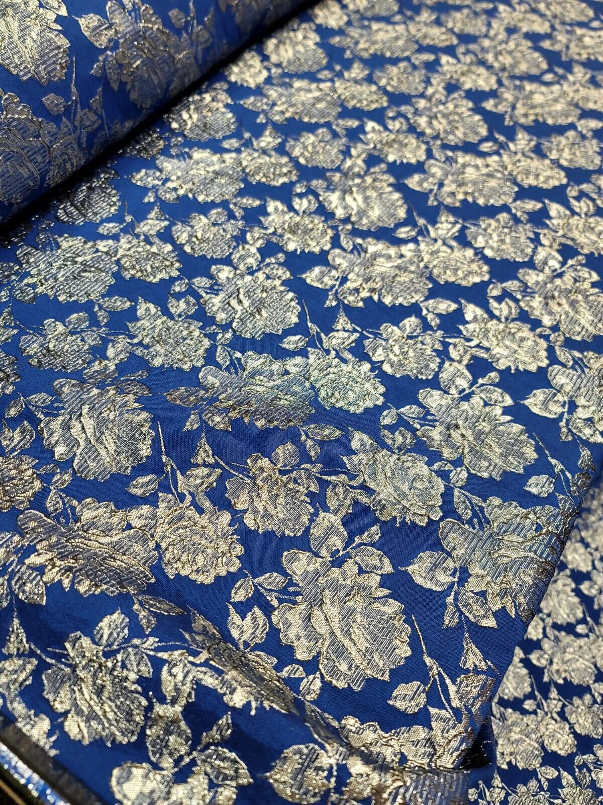Royal Blue Brocade Fabric Metallic Silver Floral Emboss