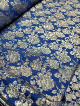 Royal Blue Brocade Fabric Metallic Silver Floral Emboss