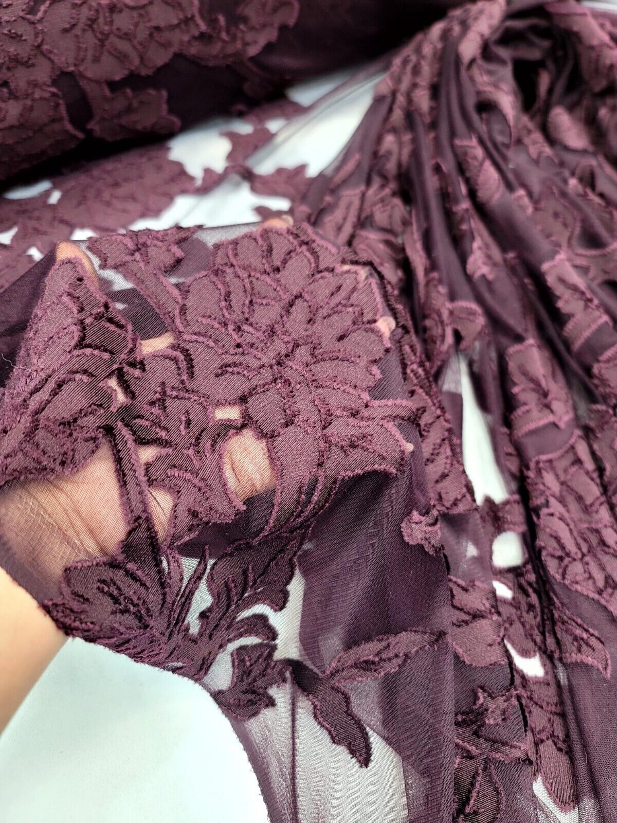 Floral Lace Stretch Mesh Fabric Eggplant