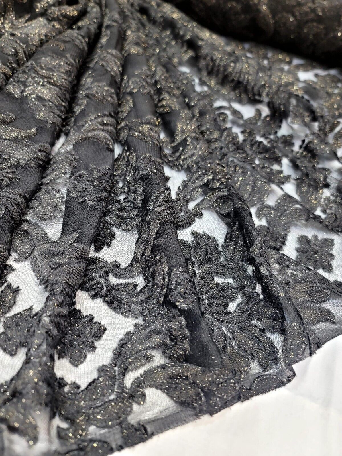 Embroidered Stretch Lace Fabric Black Gold Accent