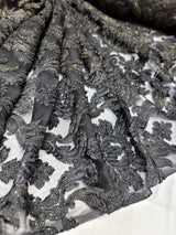 Embroidered Stretch Lace Fabric Black Gold Accent