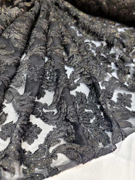 Embroidered Stretch Lace Fabric Black Gold Accent