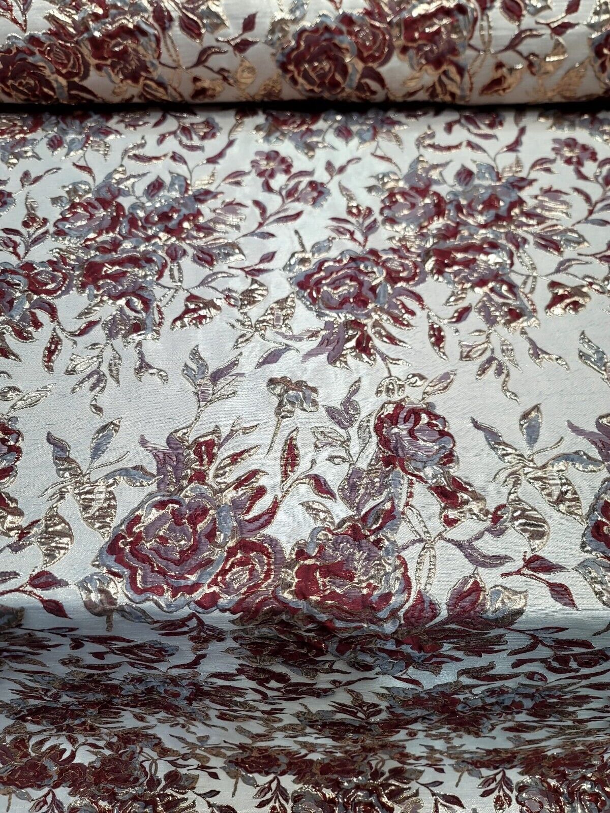Burgundy Metallic Brocade Floral Fabric