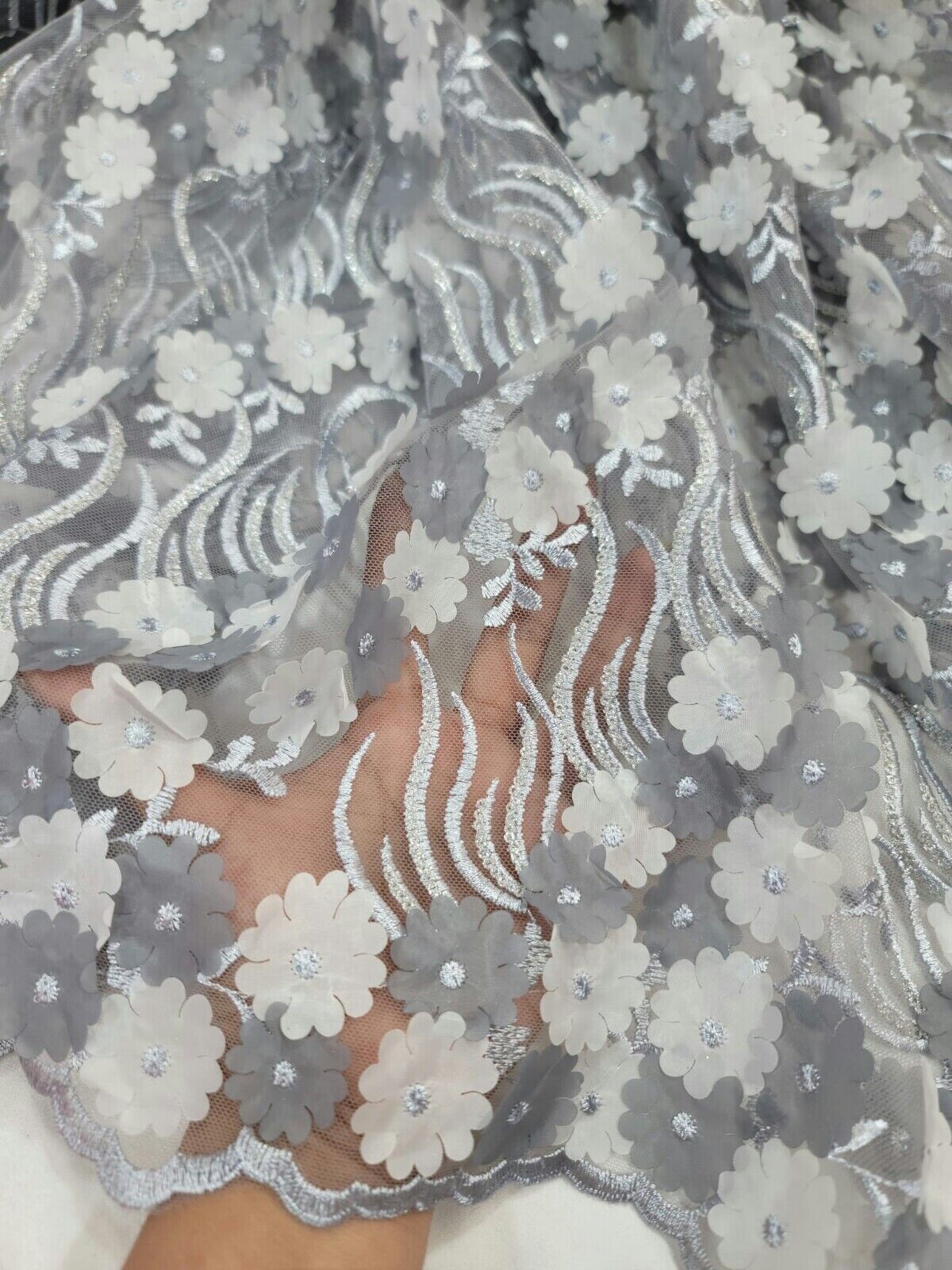 3D Floral Lace Gray Embroidery Sequin Fabric