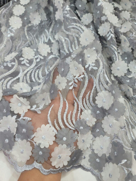 3D Floral Lace Gray Embroidery Sequin Fabric