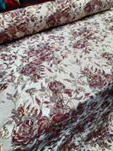 Burgundy Metallic Brocade Floral Fabric