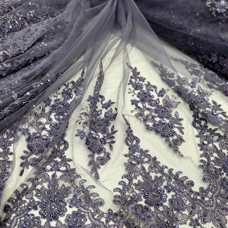Beaded Embroidered Lace Fabric Purple Violet Edges