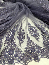 Beaded Embroidered Lace Fabric Purple Violet Edges