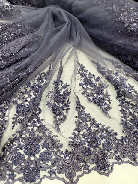 Beaded Embroidered Lace Fabric Purple Violet Edges