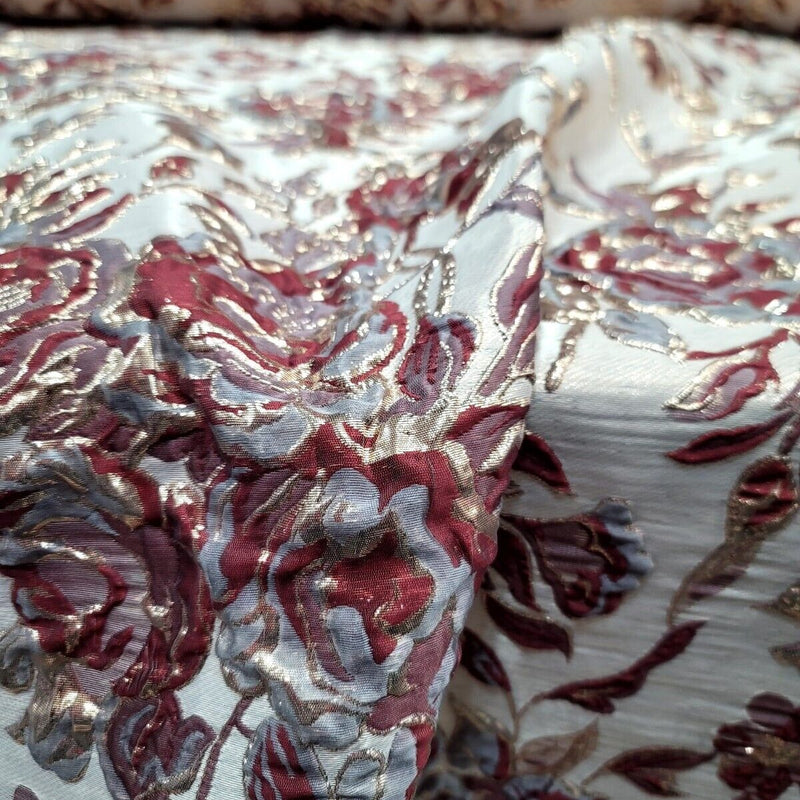 Burgundy Metallic Brocade Floral Fabric