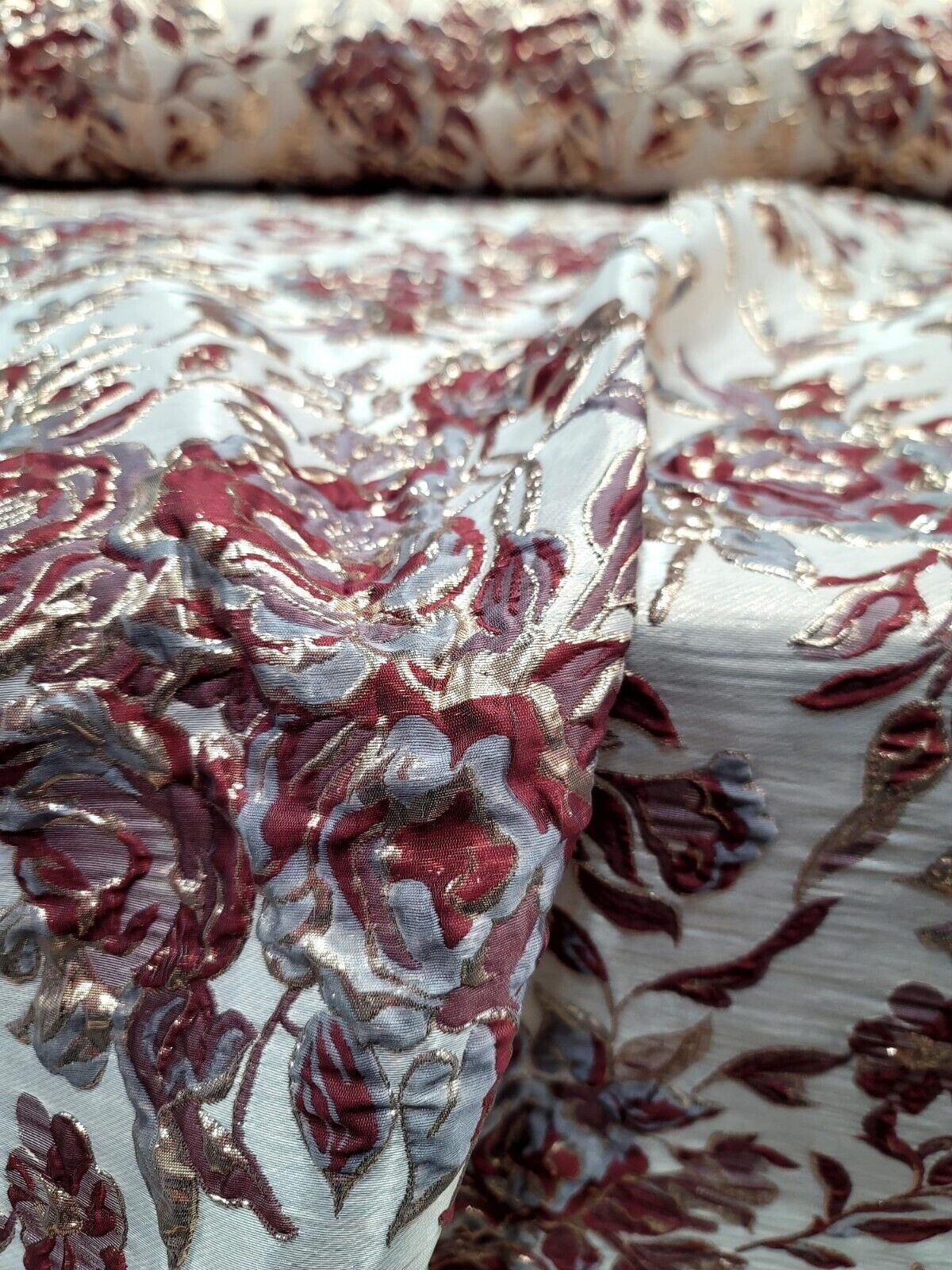 Burgundy Metallic Brocade Floral Fabric