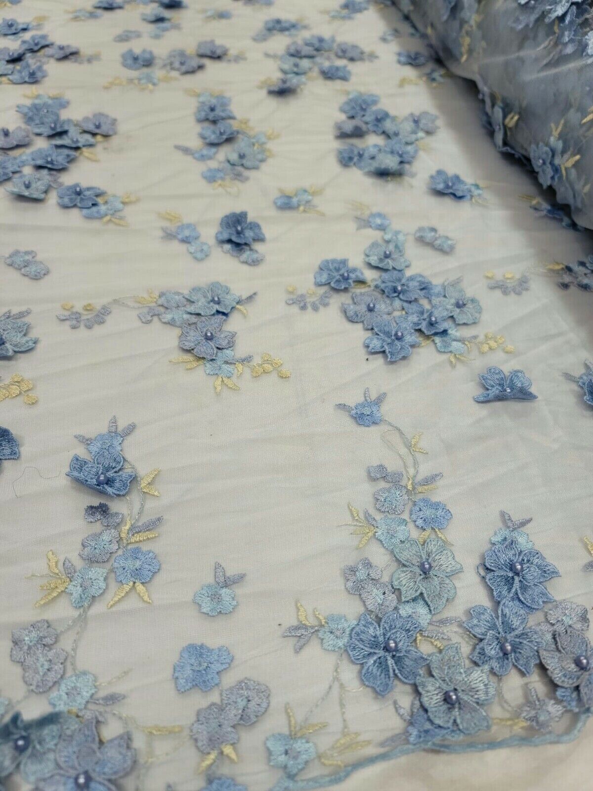 3D Floral Lace on Mesh Sky Blue and Light Yellow