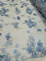 3D Floral Lace on Mesh Sky Blue and Light Yellow