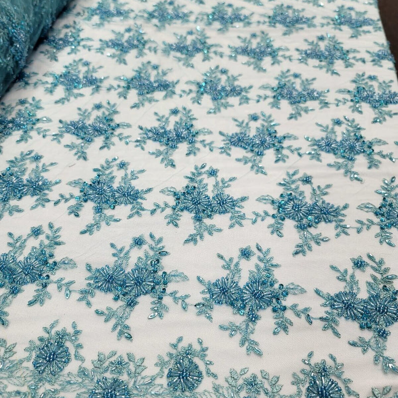 Beaded Embroidered Lace Fabric Turquoise