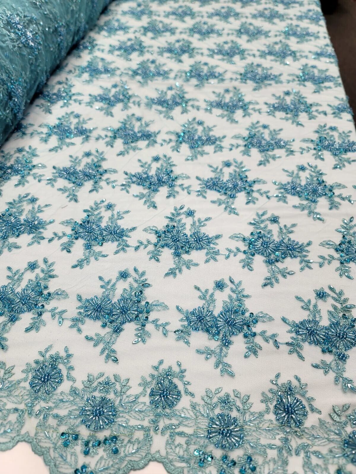 Beaded Embroidered Lace Fabric Turquoise