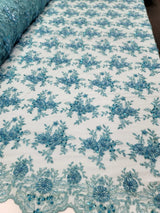Beaded Embroidered Lace Fabric Turquoise