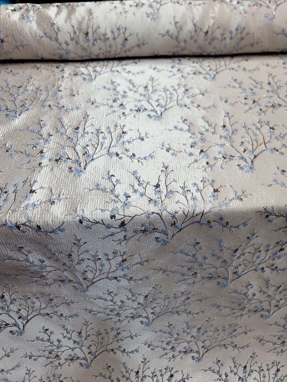 Brocade Jacquard Floral Fabric Baby Blue Gold
