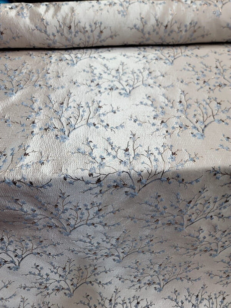 Brocade Jacquard Floral Fabric Baby Blue Gold
