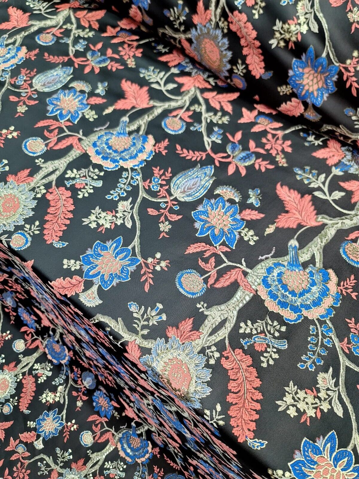 Brocade Jacquard Fabric Coral Blue Floral Damask