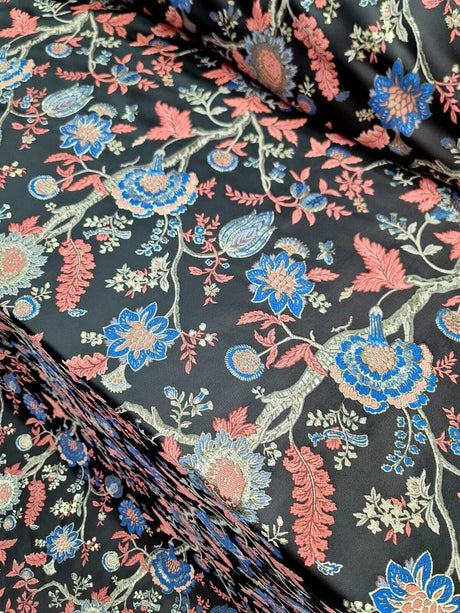 Brocade Jacquard Fabric Coral Blue Floral Damask