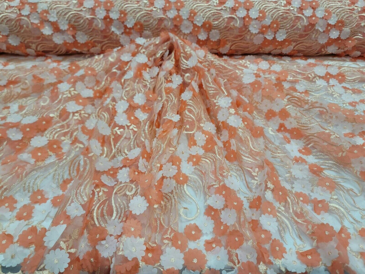 3D Floral Lace Coral Embroidery Sequin Fabric