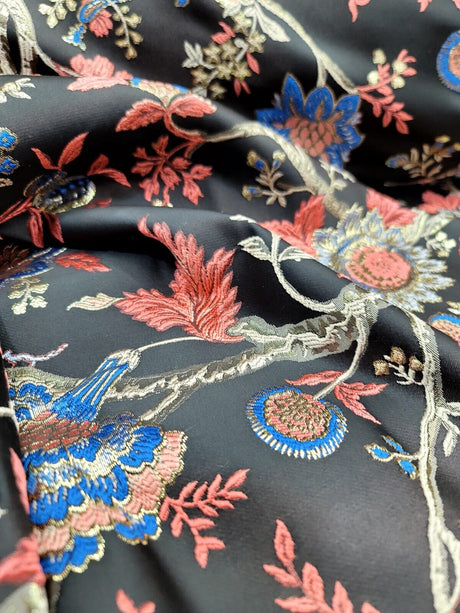 Brocade Jacquard Fabric Coral Blue Floral Damask