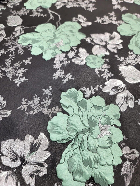 Brocade Jacquard Floral Fabric Sage Green Silver Black