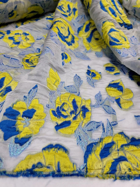 Brocade Jacquard Organza Fabric Yellow Royal Blue Floral