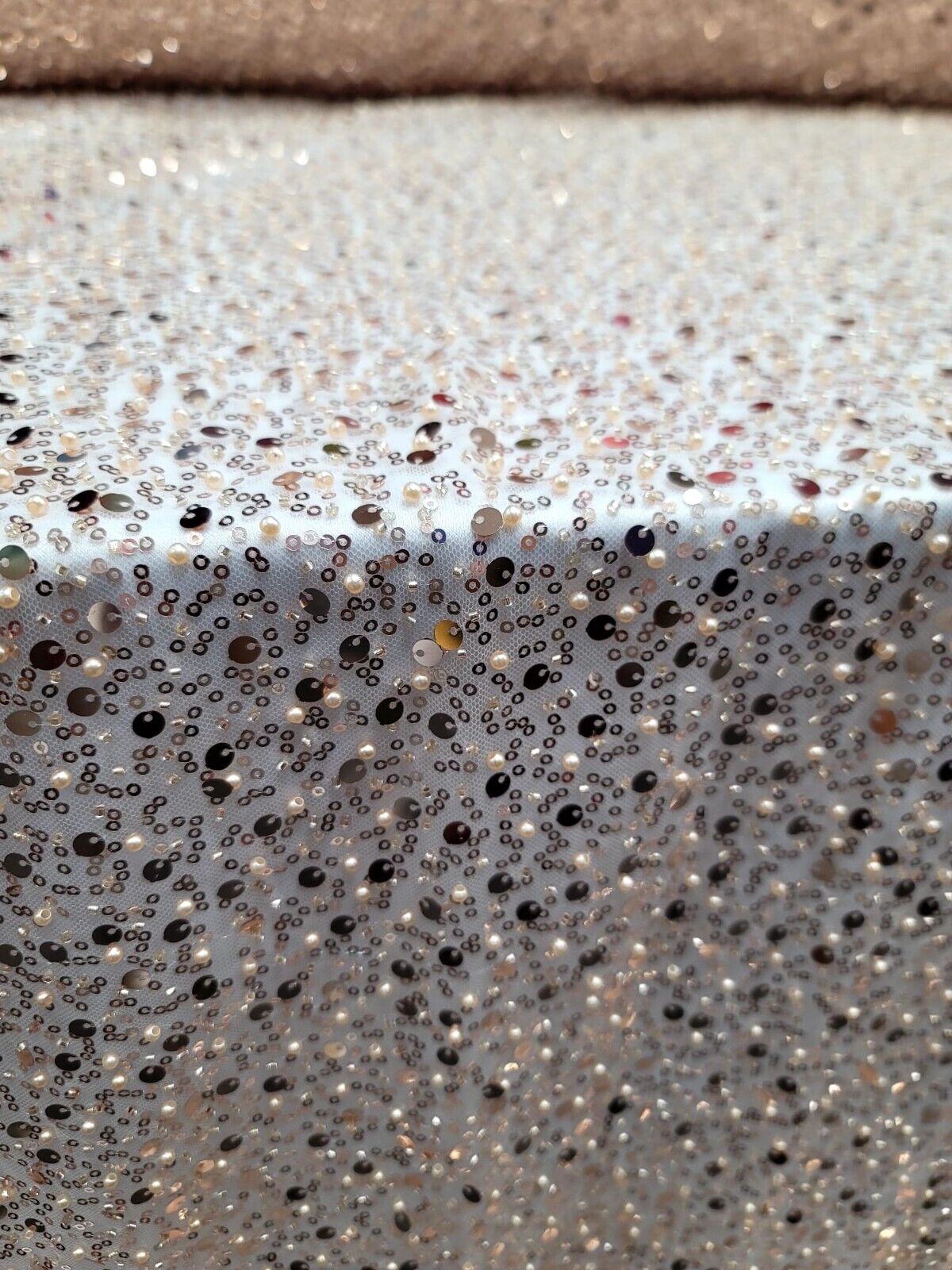 Rose Gold Sequins Beaded Embroidered Stretch Lace Fabric