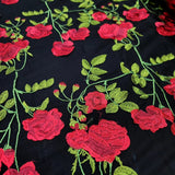 Embroidered Black Lace Fabric with Red and Green Flowers