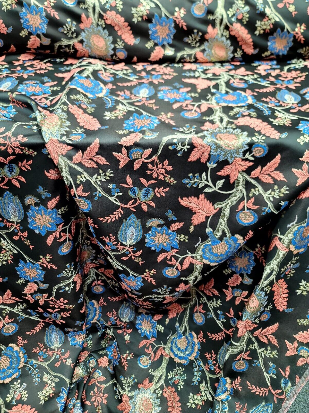Brocade Jacquard Fabric Coral Blue Floral Damask