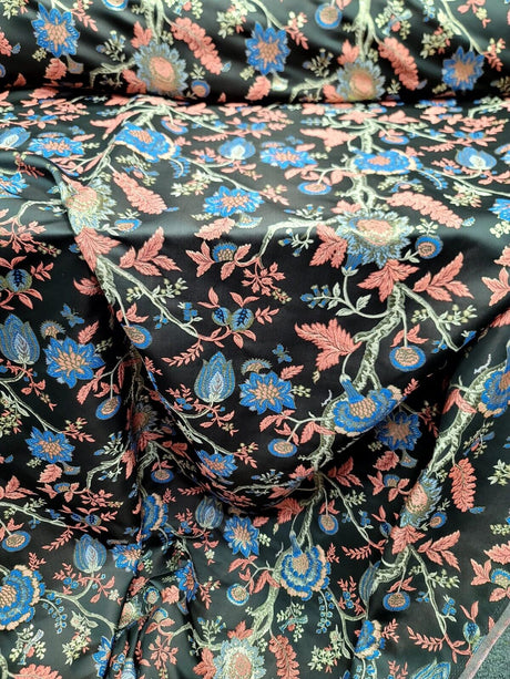 Brocade Jacquard Fabric Coral Blue Floral Damask