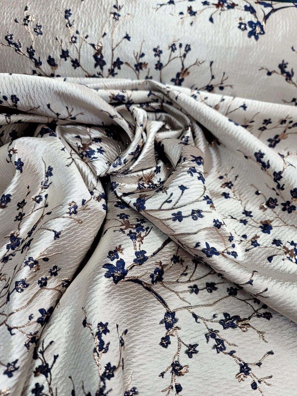 Brocade Jacquard Navy Blue Metallic Rose Gold Floral