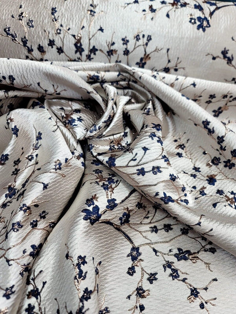 Brocade Jacquard Navy Blue Metallic Rose Gold Floral