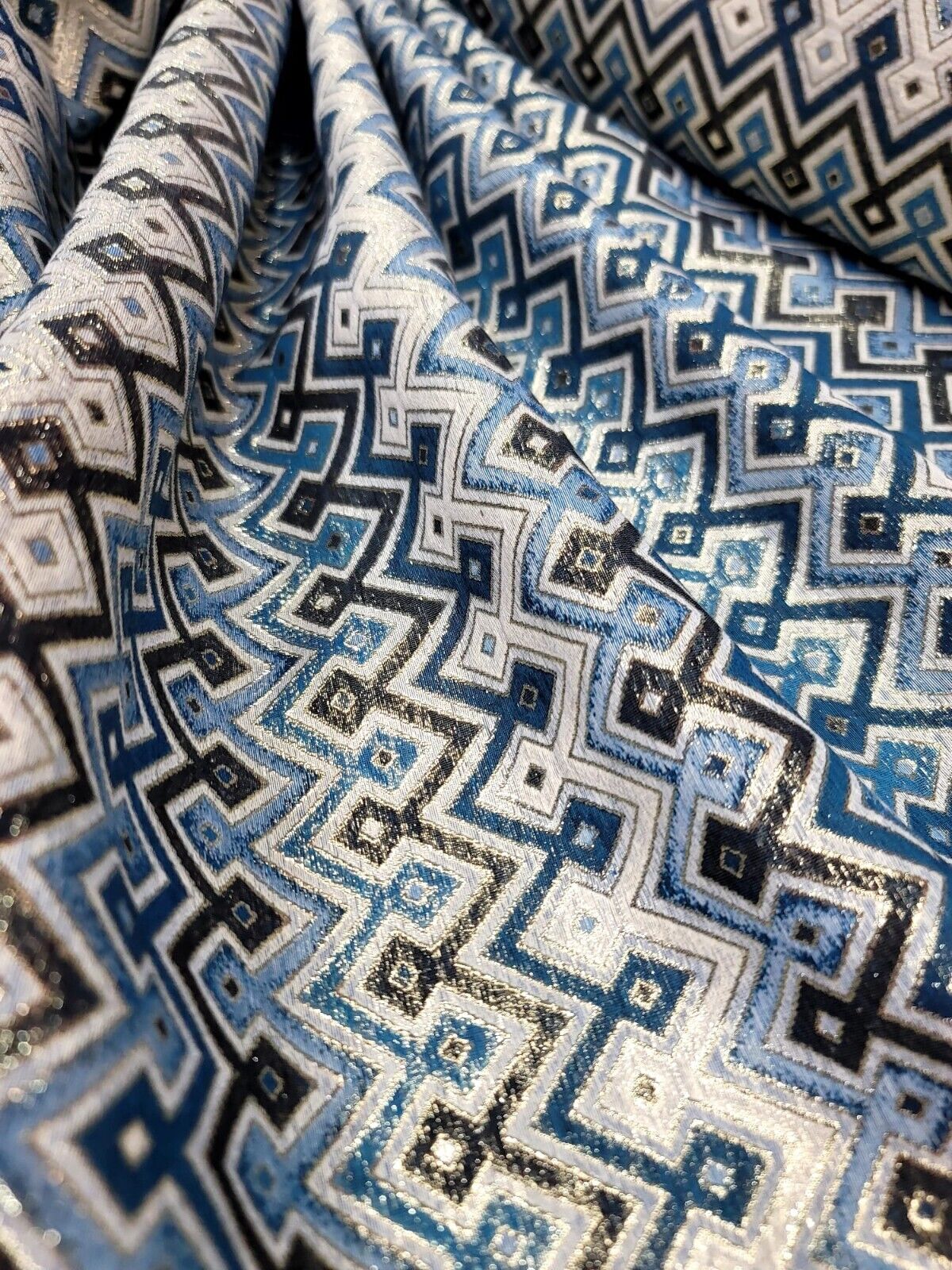 Brocade Jacquard Teal Metallic Geometric Fabric