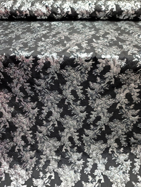 Black Organza Brocade Silver Floral Fabric