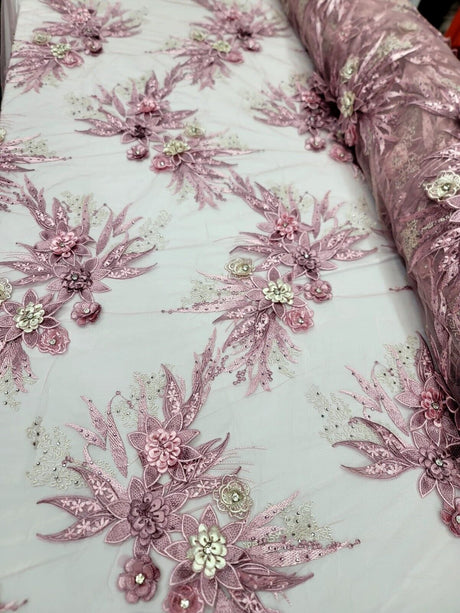 3D Embroidery Lace Fabric Dusty Rose