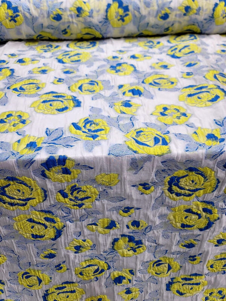 Brocade Jacquard Organza Fabric Yellow Royal Blue Floral