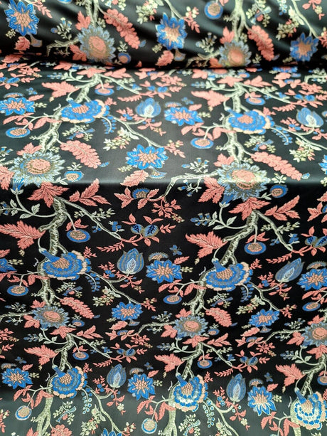 Brocade Jacquard Fabric Coral Blue Floral Damask