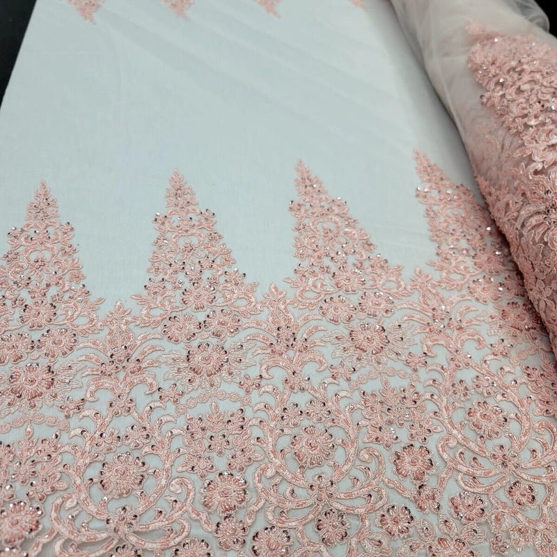 Blush Pink Sequined Embroidery Lace Fabric