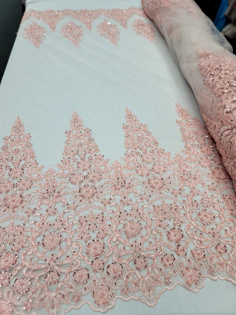 Blush Pink Sequined Embroidery Lace Fabric