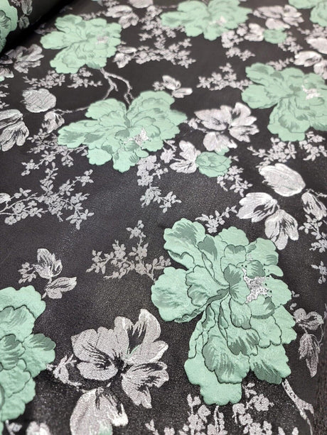 Brocade Jacquard Floral Fabric Sage Green Silver Black